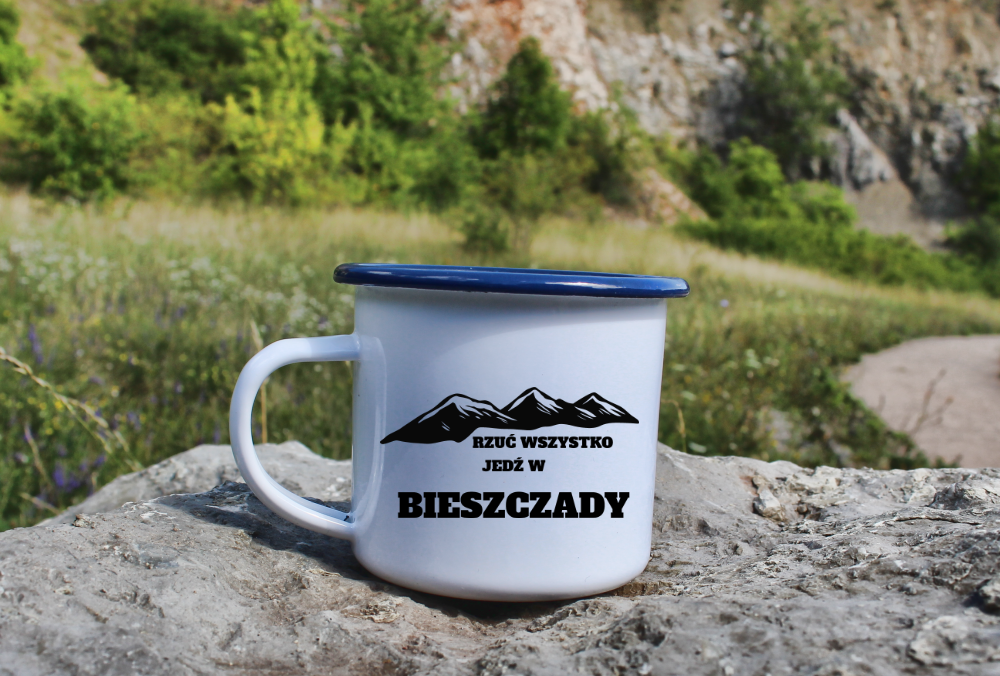 Kubek biały emaliowany z nadrukiem "Rzuć wszystko, jedź w Bieszczady" - góry #2