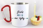 Kubek biały z czerwonym karabińczykiem i nadrukiem "Jadę na ryby" #3