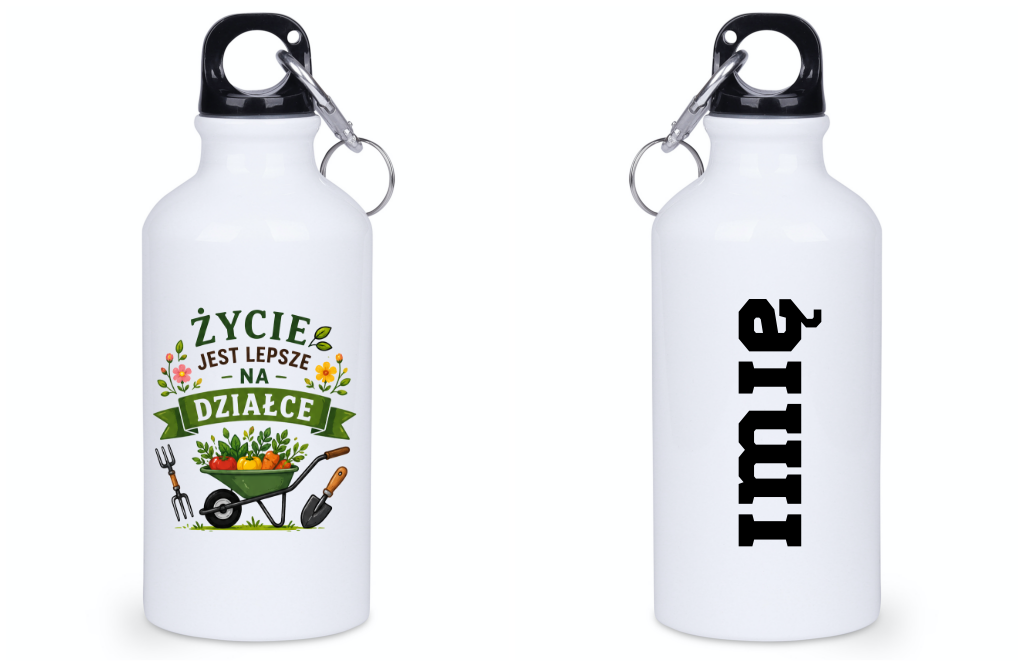 Butelka biała 400 ml z nadrukiem „Życie jest lepsze na działce” – ogród, działka #3