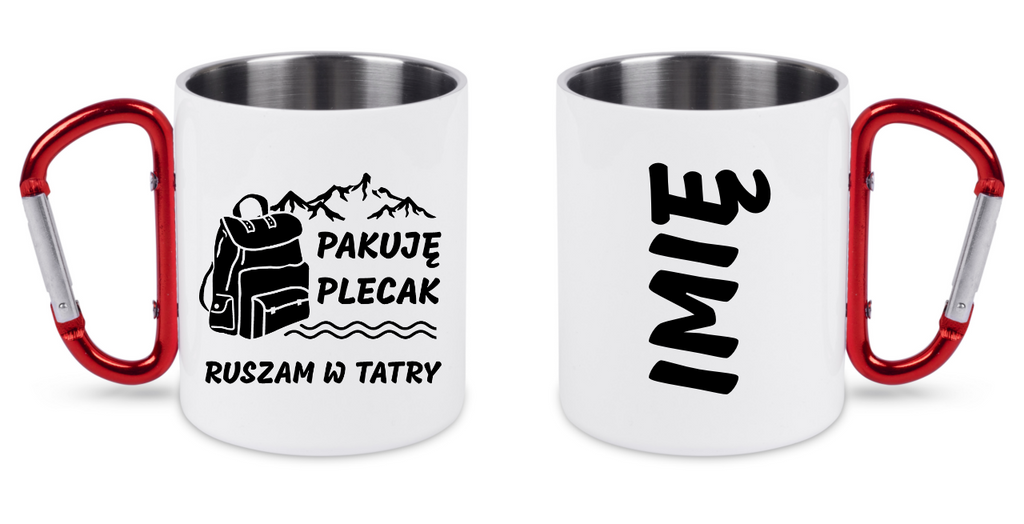 Kubek biały z czerwonym karabińczykiem, nadruki „Pakuję plecak, ruszam w Tatry” – Zakopane, Podhale #1