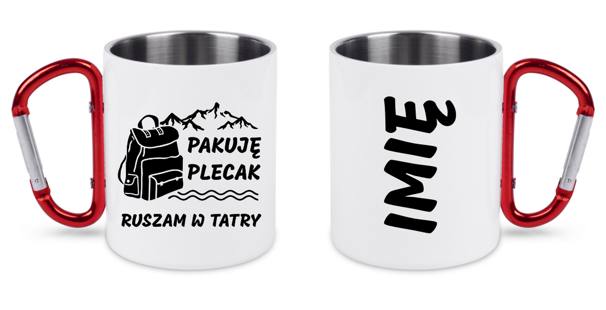 Kubek biały z czerwonym karabińczykiem, nadruki „Pakuję plecak, ruszam w Tatry” – Zakopane, Podhale #1