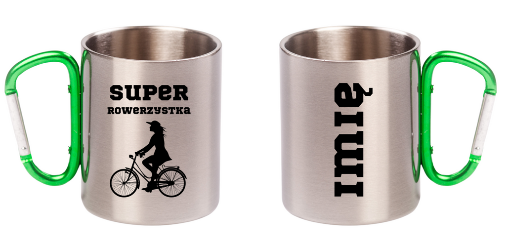 Kubek z zielonym karabińczykiem nadruk "Super Rowerzystka" – rower #7