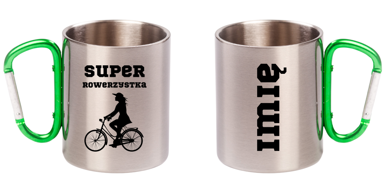 Kubek z zielonym karabińczykiem nadruk "Super Rowerzystka" – rower #7
