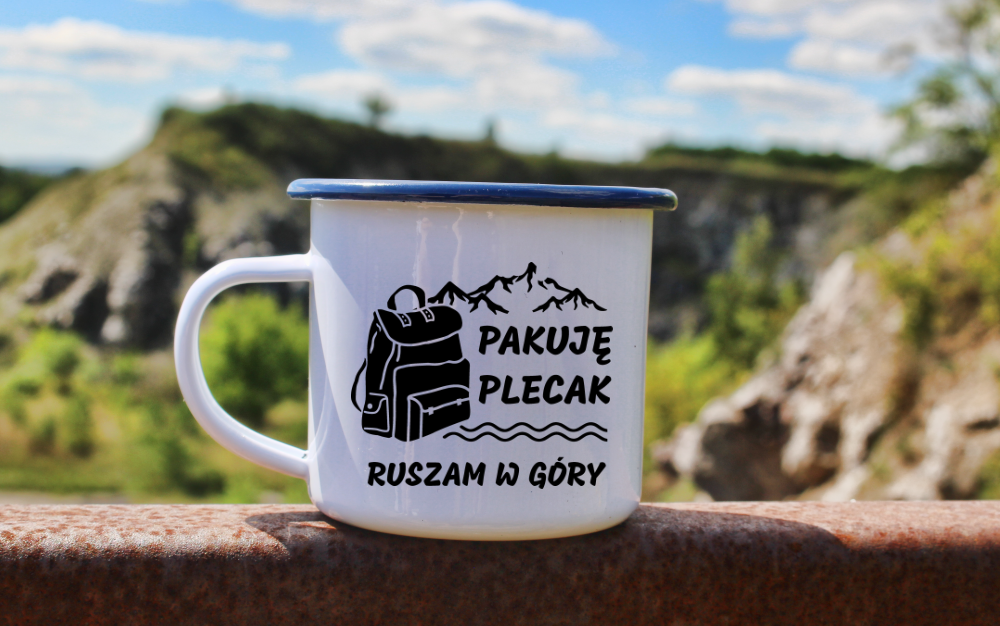 Kubek emaliowany biały z nadrukiem "Pakuję plecak, ruszam w góry#  #2