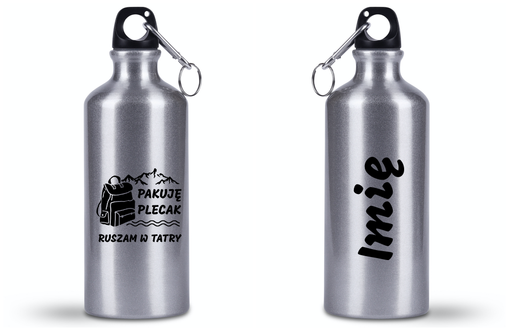 Bidon srebrny 500 ml z nadrukiem "Pakuję plecak, ruszam w Tatry" - Podhale, Zakopane, góry #1