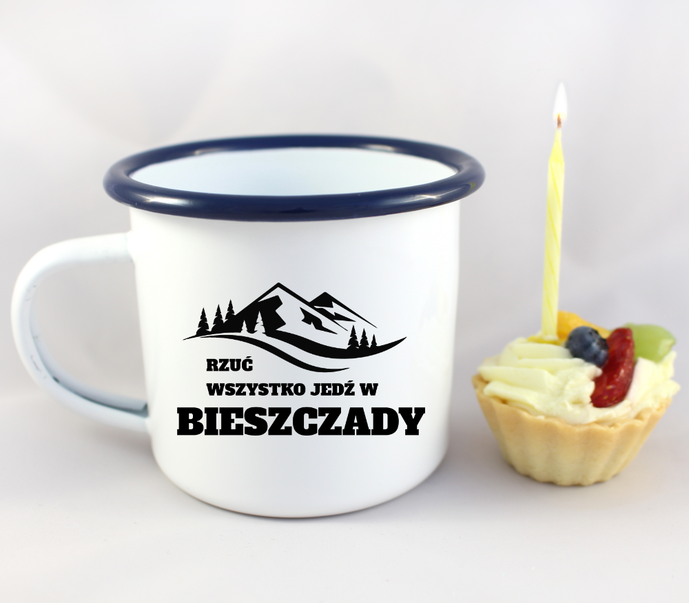 Kubek biały emaliowany z nadrukiem "Rzuć wszystko, jedź w Bieszczady" - góry #3