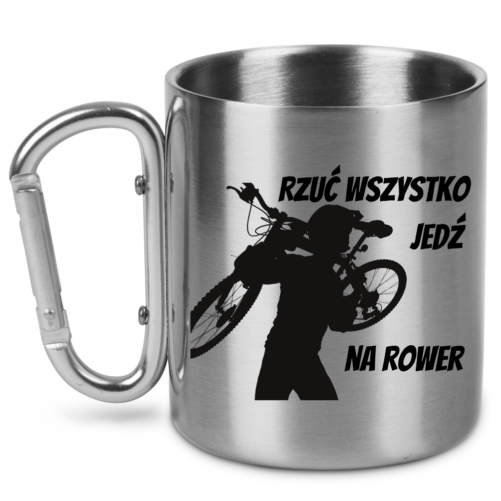Kubek ze srebrnym karabińczykiem z nadrukiem „Rzuć wszystko, jedź na rower” – dla rowerzystów #2