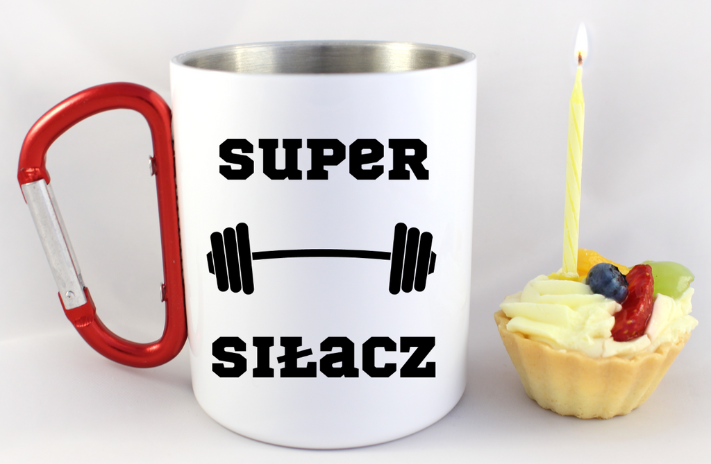 Kubek biały z czerwonym karabińczykiem i nadrukiem „Super Siłacz” – na siłownię #3