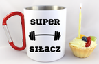 Kubek biały z czerwonym karabińczykiem i nadrukiem „Super Siłacz” – na siłownię #3