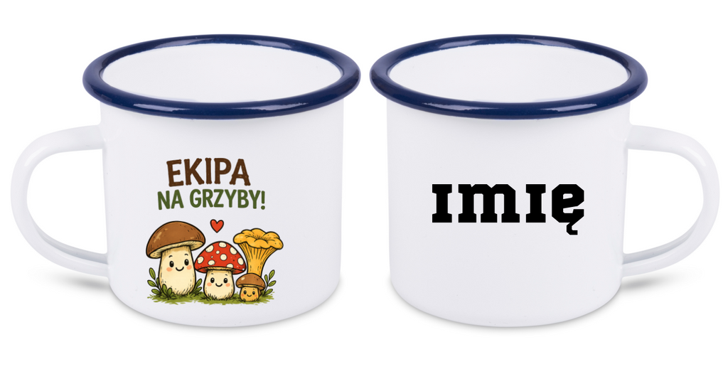 Kubek emaliowany biały z nadrukiem „Ekipa na grzyby!” i grafikami grzybów #11