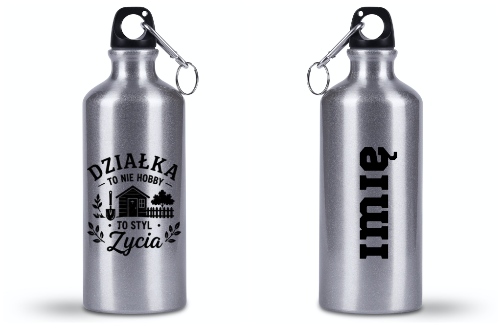 Bidon srebrny 500 ml z nadrukiem „Działka to nie hobby, to styl życia” – działka, ogród #4