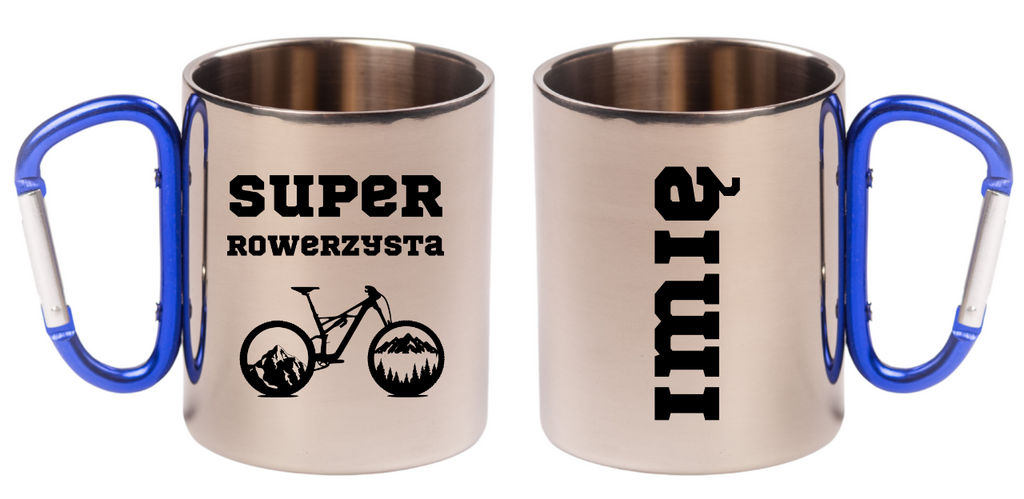 Kubek z niebieskim karabińczykiem, nadruk "Super Rowerzysta" – dla rowerzysty #8