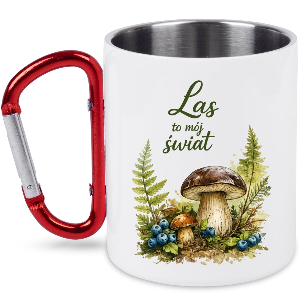 Kubek biały z czerwonym karabińczykiem „Las to mój świat” – na grzyby, do lasu #9