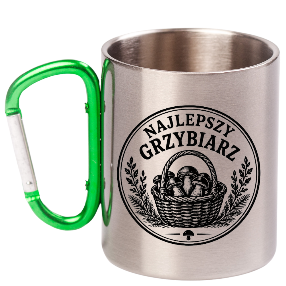Kubek z zielonym karabińczykiem z nadrukiem „Najlepszy Grzybiarz” – na grzyby #2