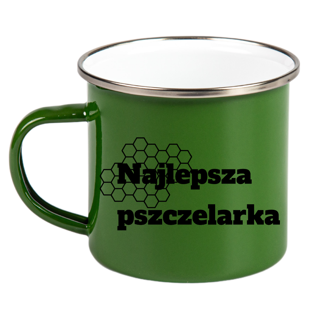 Kubek zielony emaliowany z nadrukiem "Najlepsza pszczelarka" – pszczelarstwo #3