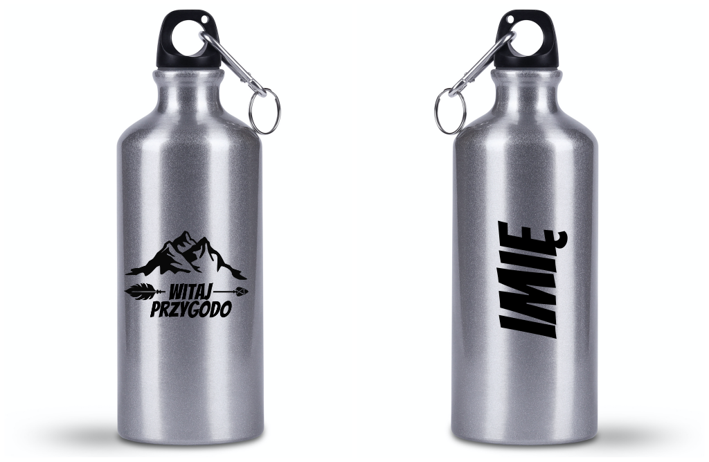Bidon srebrny 500 ml z nadrukiem „Witaj przygodo” – namioty, camping, wyprawa #10