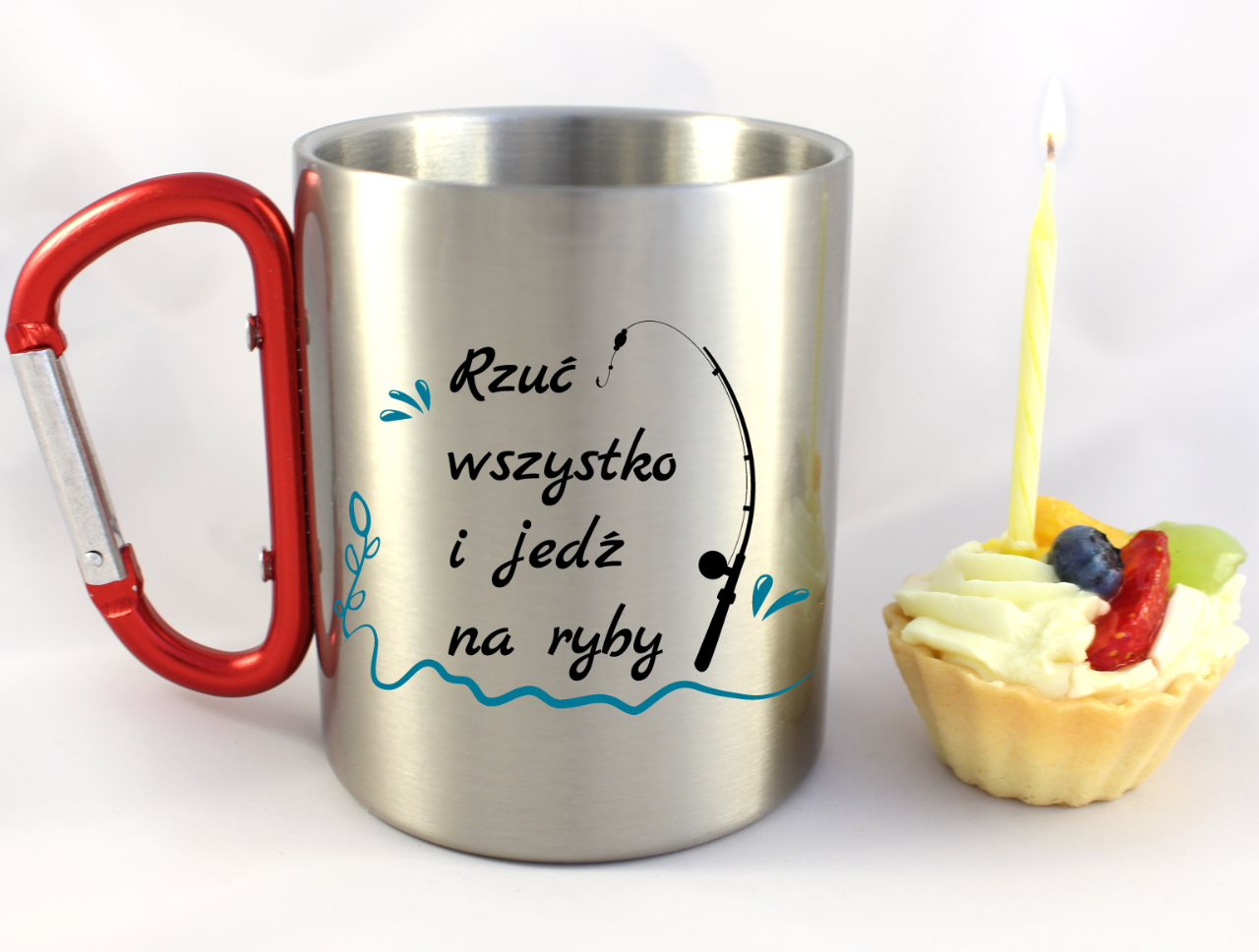 Kubek z czerwonym karabińczykiem i nadrukiem "Rzuć wszystko i jedź na ryby" - wędkarstwo #5