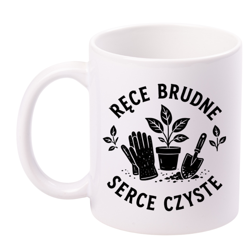 Kubek biały z nadrukiem „Ręce brudne, serce czyste” – ogród, działka #7
