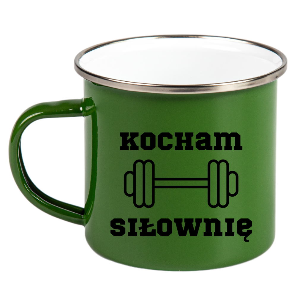 Kubek emaliowany zielony z nadrukiem "Kocham Siłownię" - na siłownię #1
