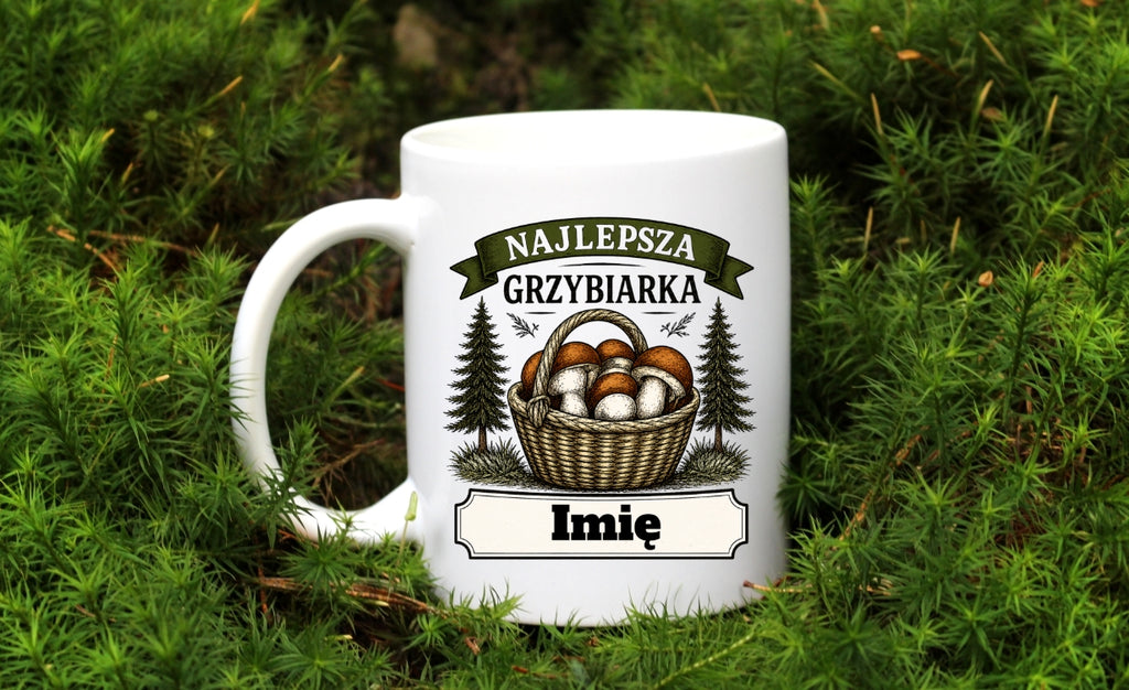 Kubek biały z nadrukiem „Najlepsza Grzybiarka” z imieniem do wyboru – grzyby #6