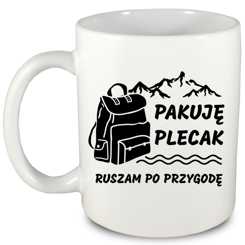 Kubek biały z nadrukiem „Pakuję plecak, ruszam po przygodę” – przygoda, przyroda #4