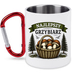 Kubek biały z czerwonym karabińczykiem „Najlepszy Grzybiarz” z imieniem do wyboru – na grzyby #5