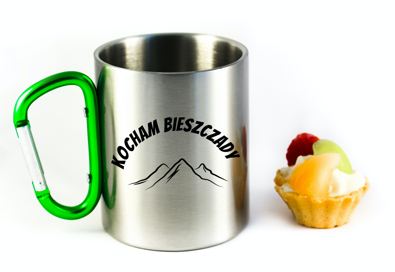 Kubek z zielonym karabińczykiem i nadrukiem „Kocham Bieszczady” – góry #2