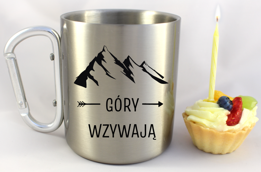 Kubek ze srebrnym karabińczykiem, nadruk "Góry wzywają" #2