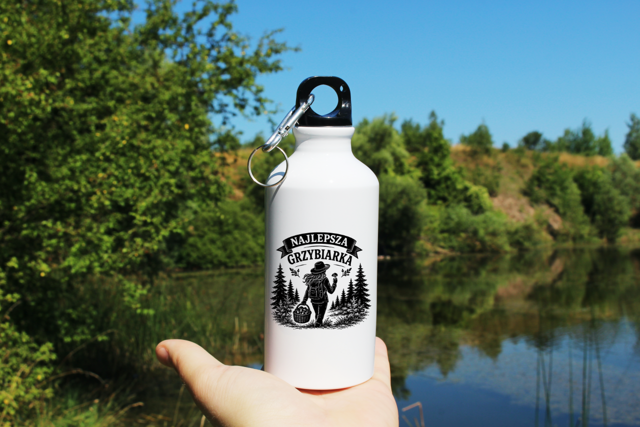 Butelka biała 400 ml z nadrukiem „Najlepsza Grzybiarka” – na grzyby #3