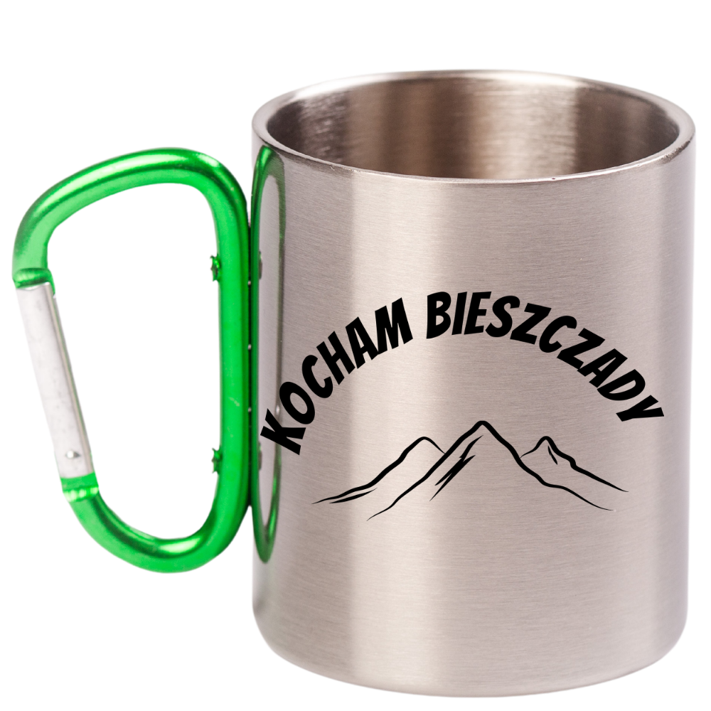Kubek z zielonym karabińczykiem i nadrukiem „Kocham Bieszczady” – góry #2