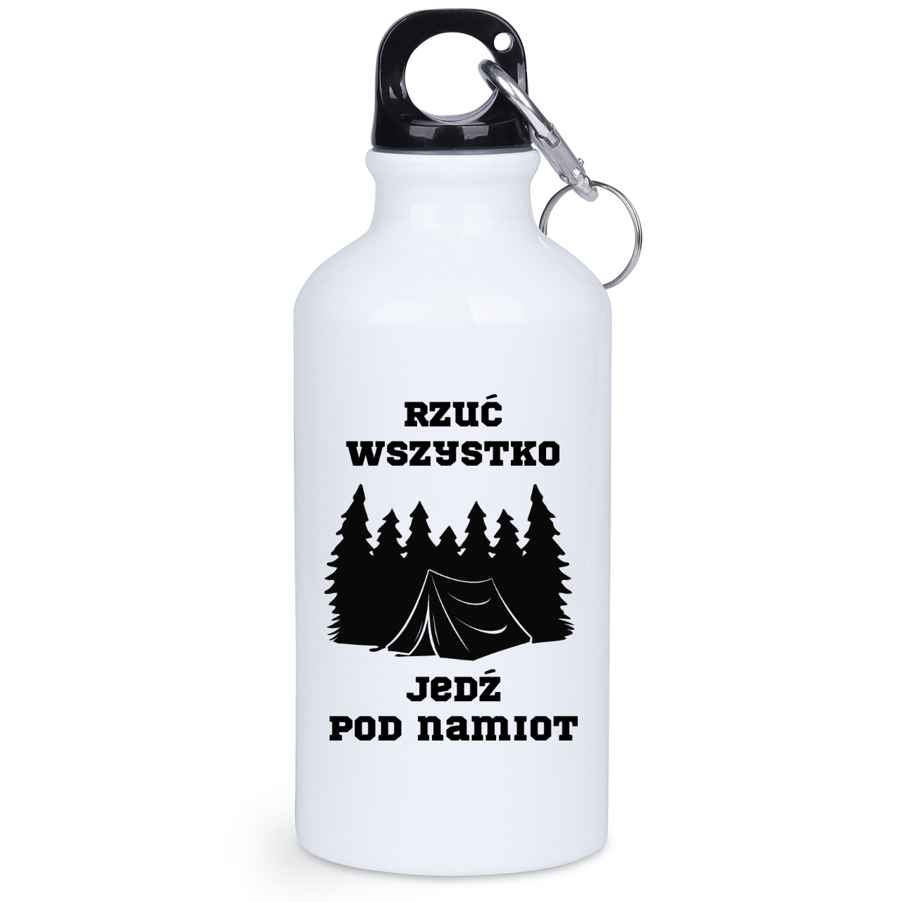 Butelka biała 400 ml z nadrukiem „Rzuć wszystko, jedź pod namiot” – camping, namiot #9