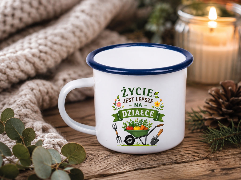 Kubek emaliowany biały z nadrukiem „Życie jest lepsze na działce"” – ogród, działka #3
