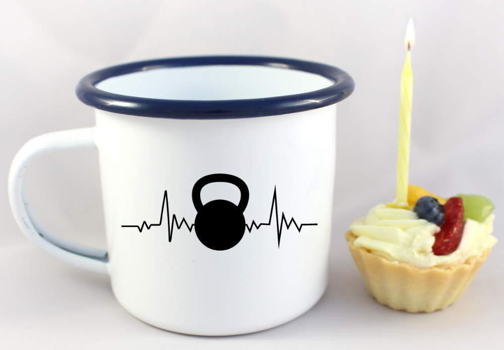 Kubek emaliowany biały z nadrukiem kettlebell i linią życia – siłownia #4