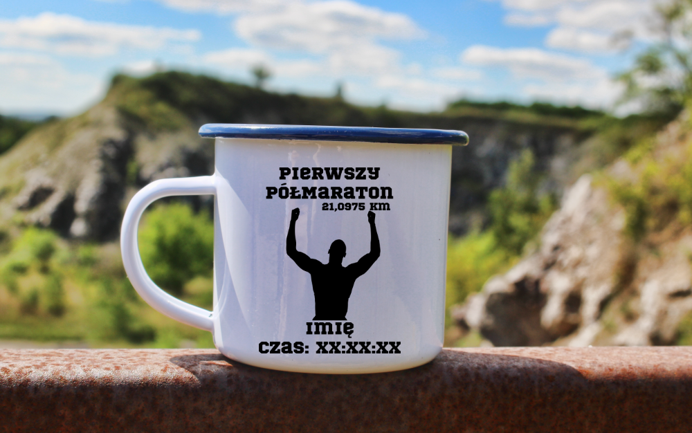 Kubek emaliowany biały pamiątka po półmaratonie + imię i czas – bieganie #9