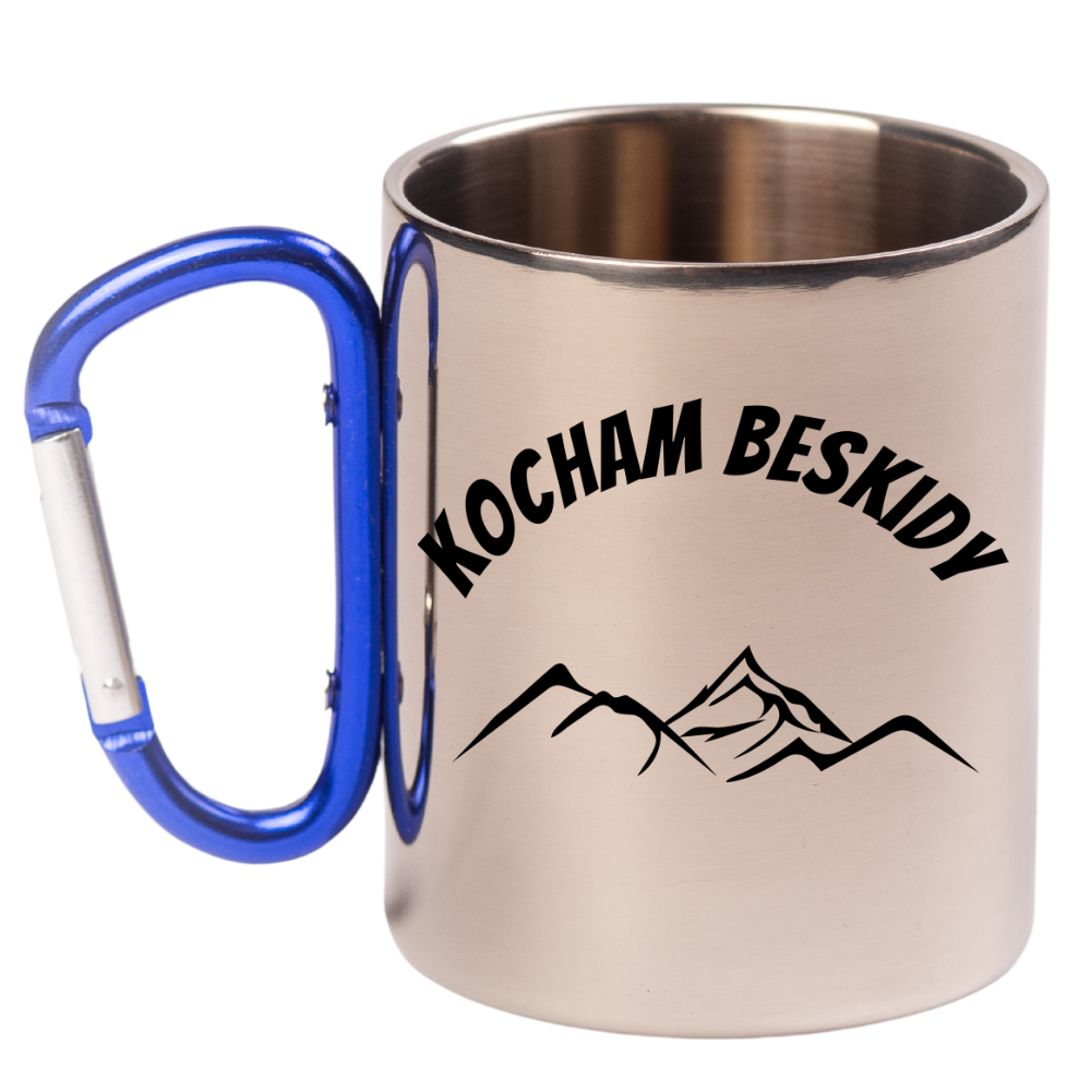 Kubek z niebieskim karabińczykiem i nadrukiem "Kocham Beskidy" – góry #1