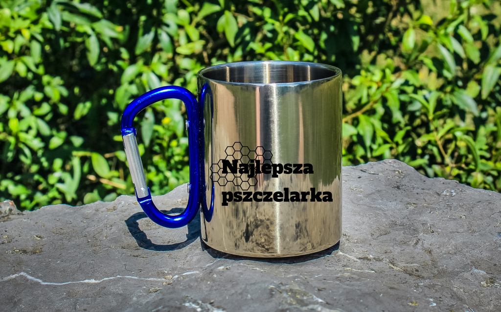 Kubek z niebieskim uchem karabińczykiem z nadrukiem "Najlepsza pszczelarka" #3