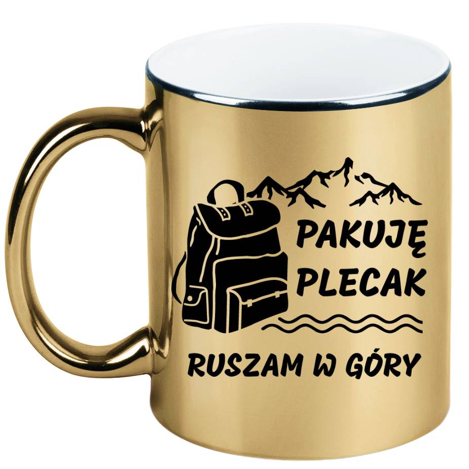 Kubek złoty z nadrukiem „Pakuję plecak, ruszam w góry” – trekking #2