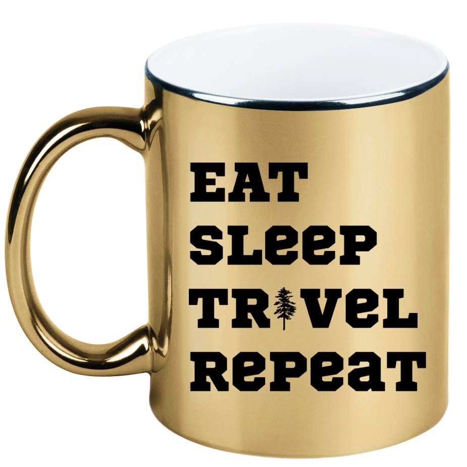 Kubek złoty z nadrukiem „Eat Sleep Travel Repeat” – podróż, przygoda #5