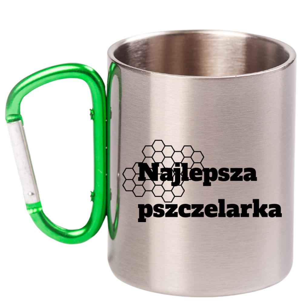 Kubek srebrny 300 ml z zielonym karabińczykiem i nadrukiem „Najlepsza pszczelarka” #6