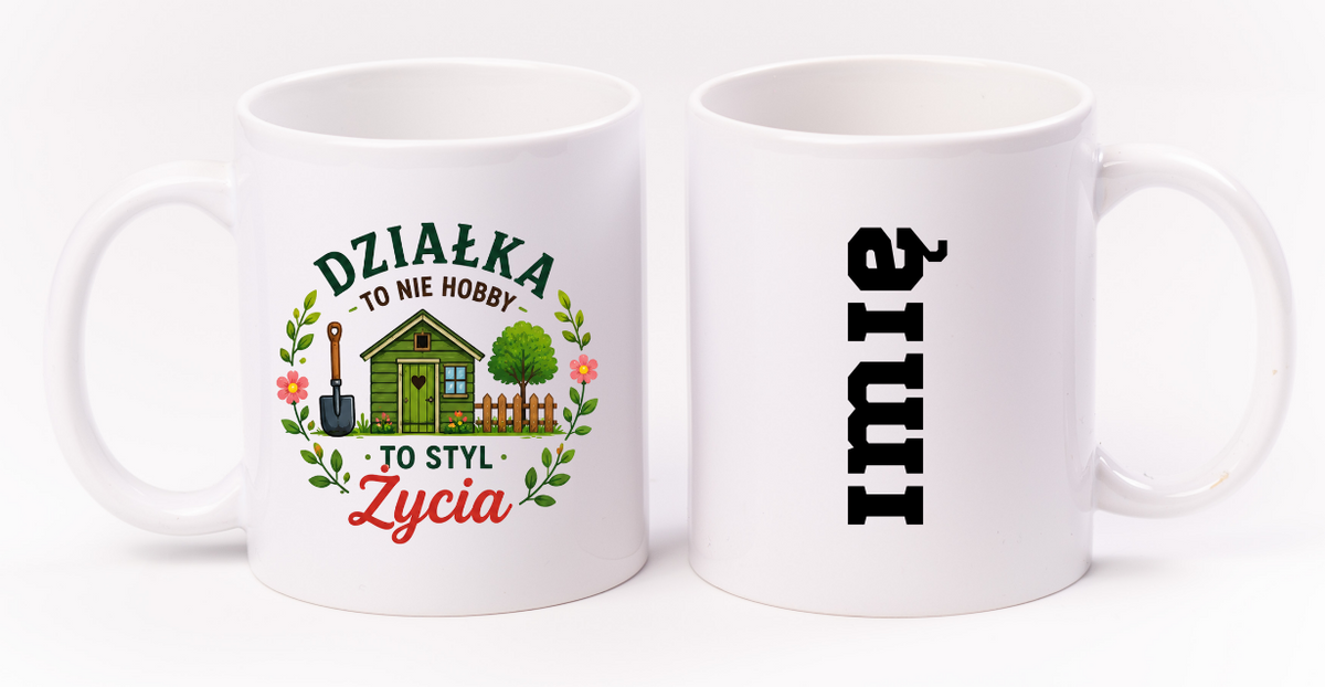 Kubek biały z nadrukiem „Działka to nie hobby, to styl życia” – ogród, działka #2