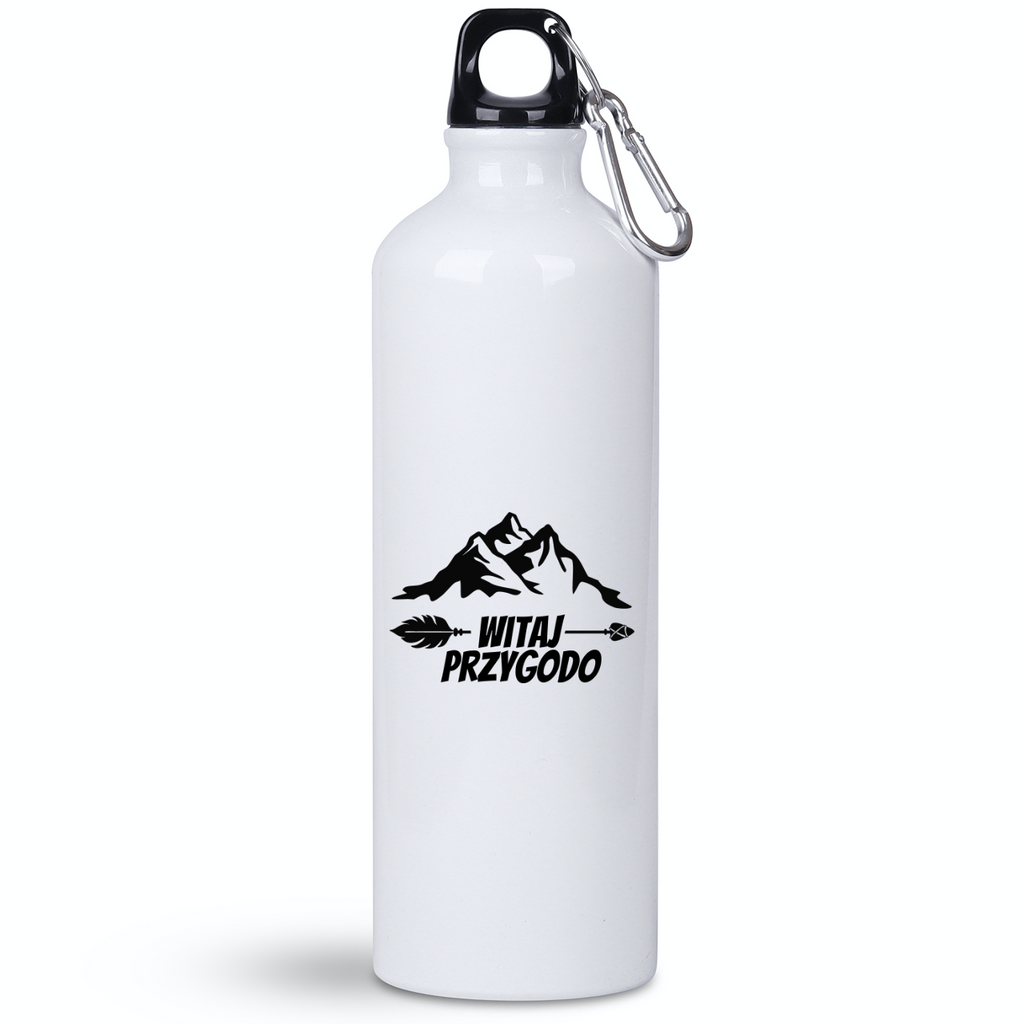 Butelka biała 800 ml z nadrukiem „Witaj przygodo” – camping, podróż #11