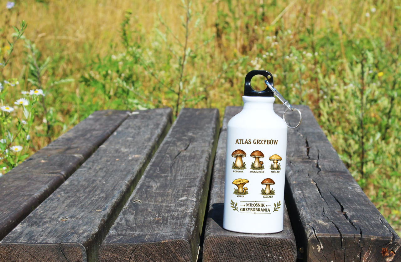 Butelka biała 400 ml z nadrukiem „Atlas Grzybów”– na grzyby #7