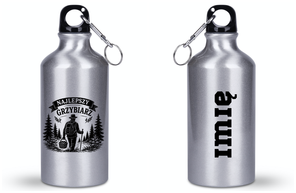 Butelka srebrna 400 ml z nadrukiem „Najlepszy Grzybiarz” – na grzyby #4