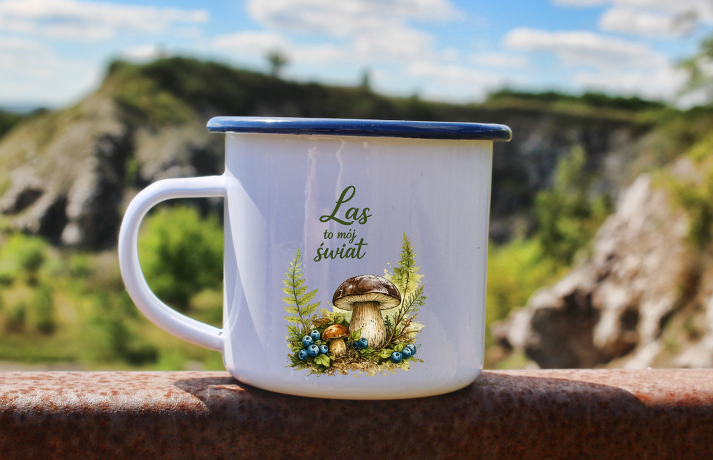 Kubek emaliowany biały z nadrukiem „Las to mój świat” – grzyby, las #9