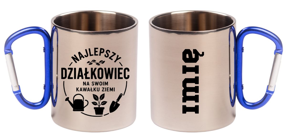 Kubek niebieski karabińczyk "Najlepszy działkowiec na swoim kawałku ziemi" - na działkę #5