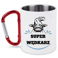 Kubek biały z czerwonym karabińczykiem i nadrukiem "Super wędkarz" – wędkarstwo #9
