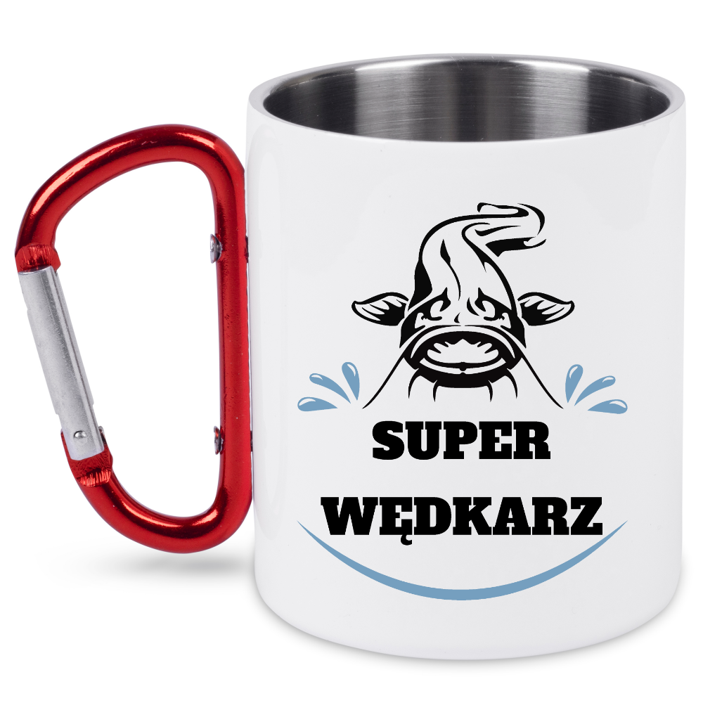 Kubek biały z czerwonym karabińczykiem i nadrukiem "Super wędkarz" – wędkarstwo #9