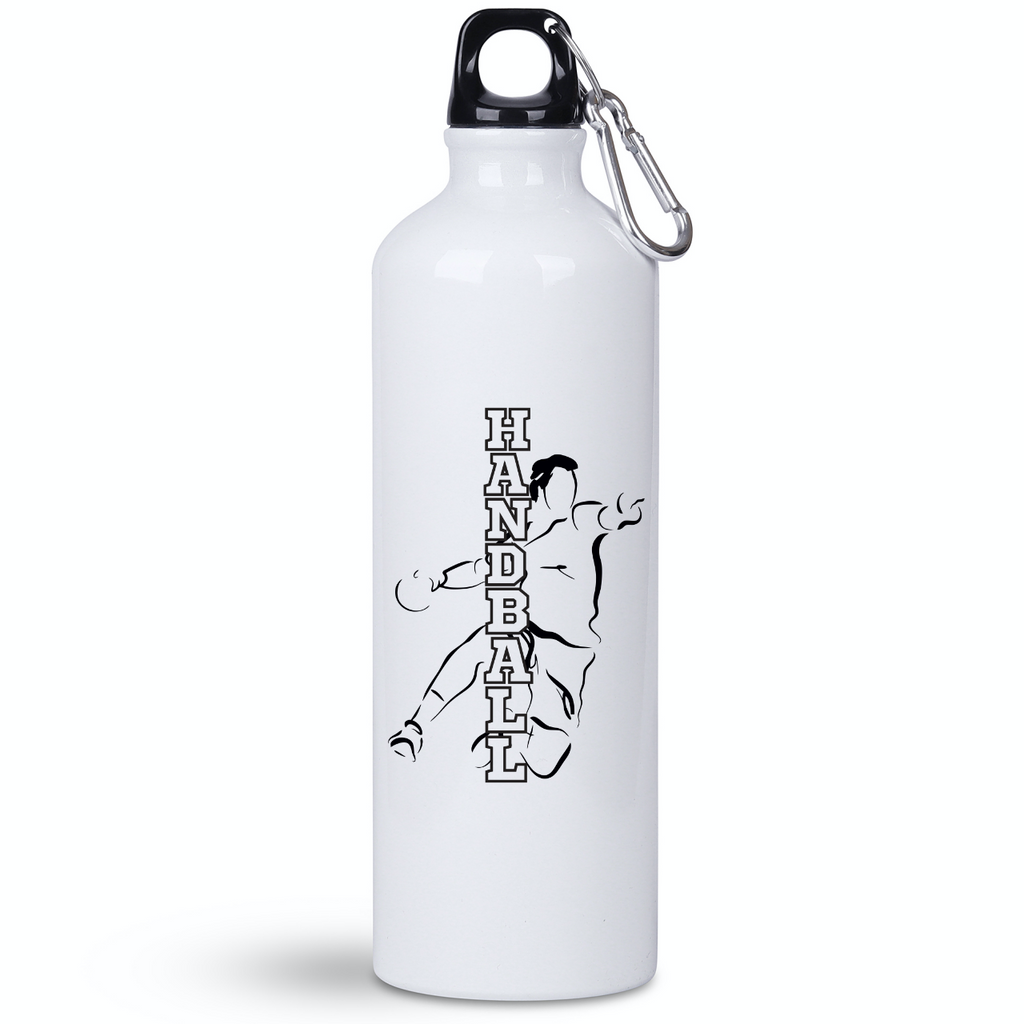 Butelka biała 800 ml z czarno-białym napisem "HANDBALL" i grafiką piłkarza #2