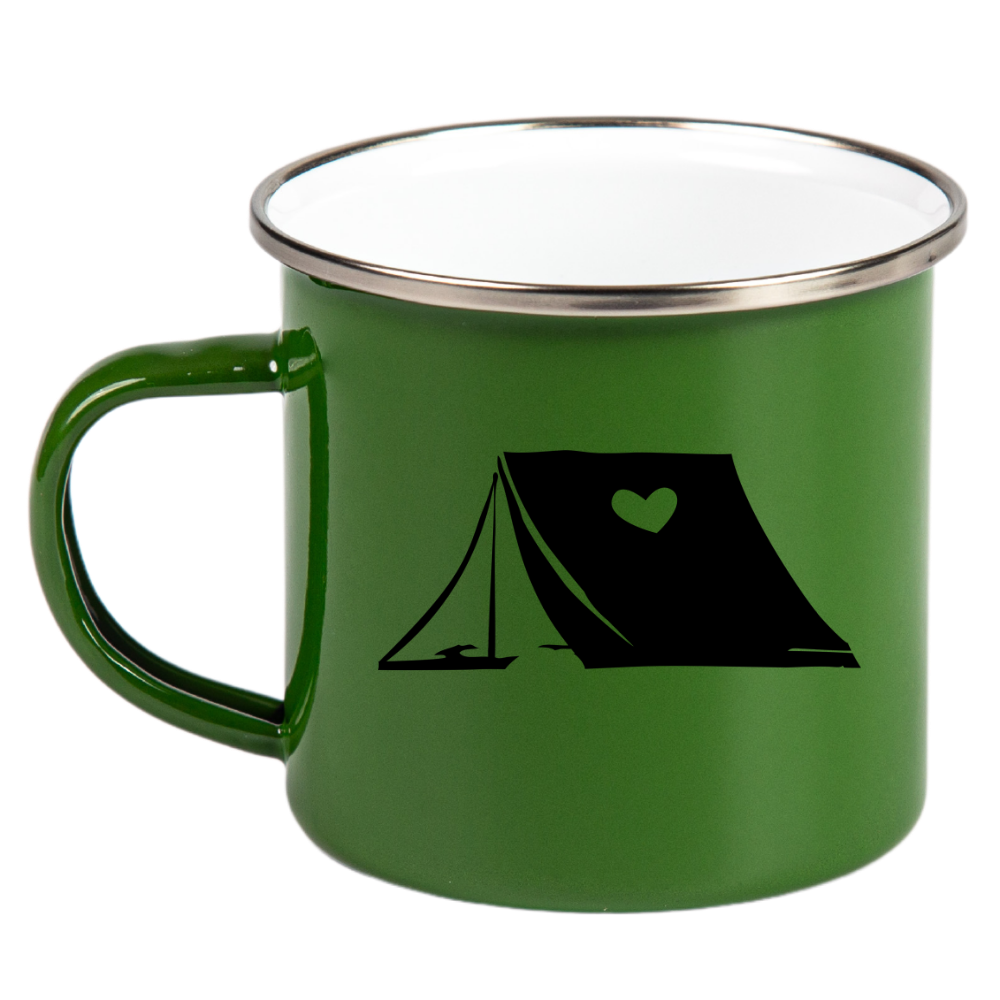 Kubek emaliowany zielony z grafiką namiotu i imieniem do wyboru – camping, pod namiot #4