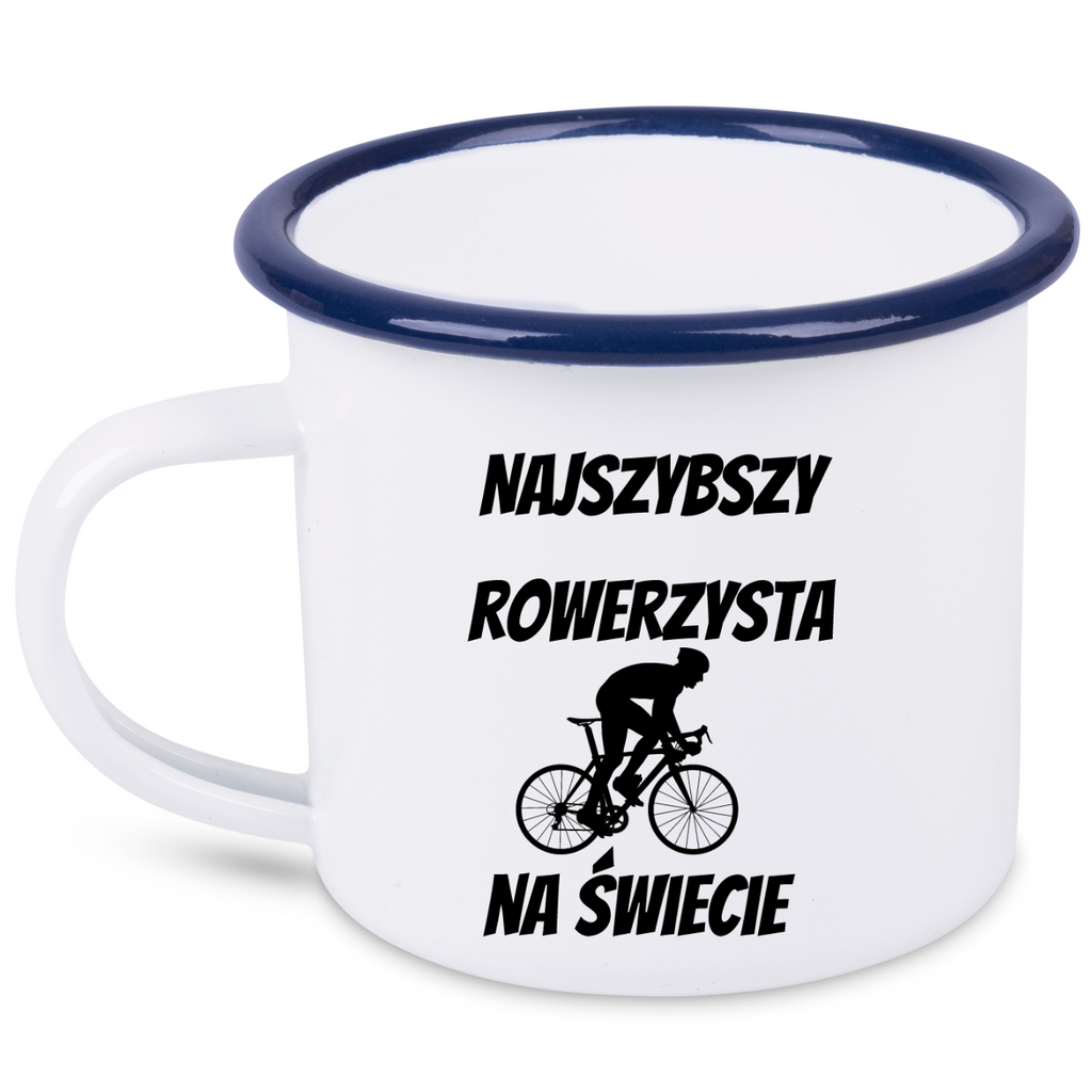 Kubek emaliowany biały z nadrukiem „Najszybszy rowerzysta na świecie” – dla rowerzysty #12